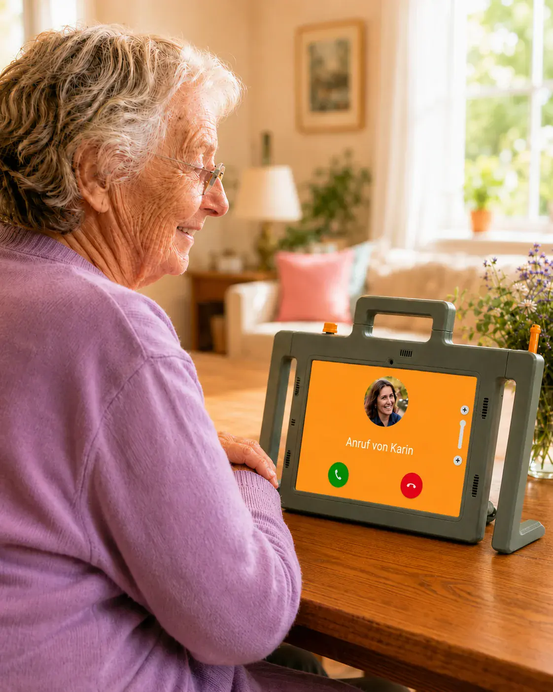Seniorin sieht einen eingehenden Anruf auf der Telemarie